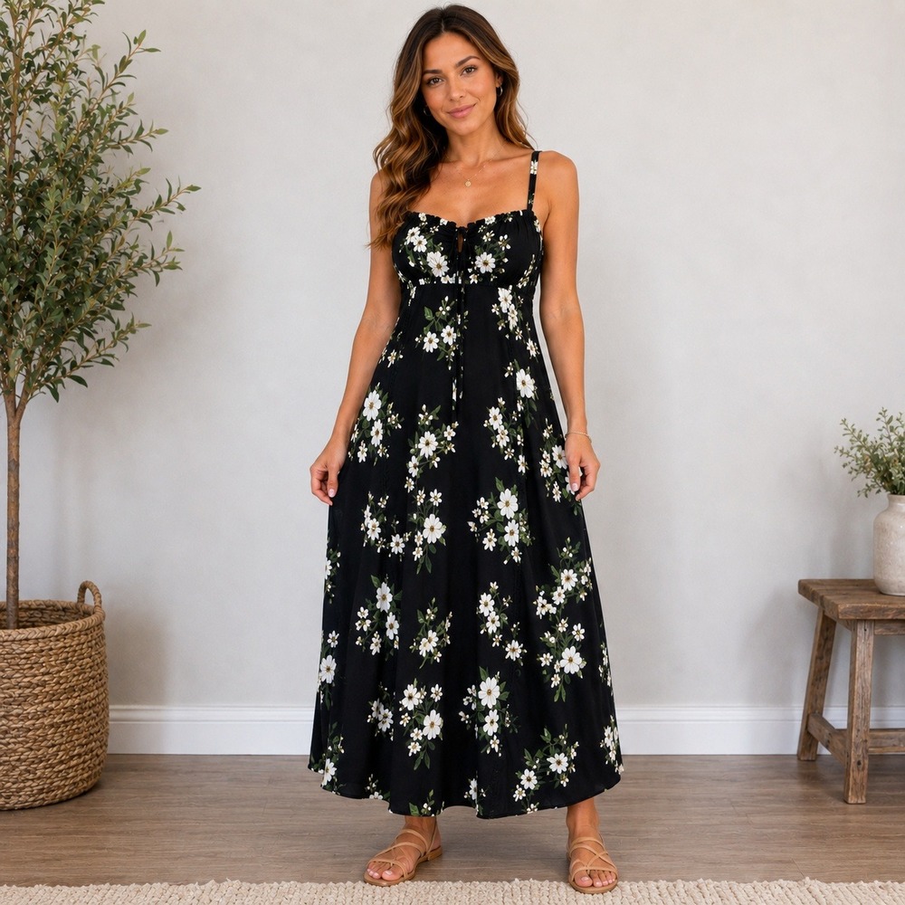 Floral Maxi Dress Black White Lily Print Corset Back Slit Cottagecore Size M